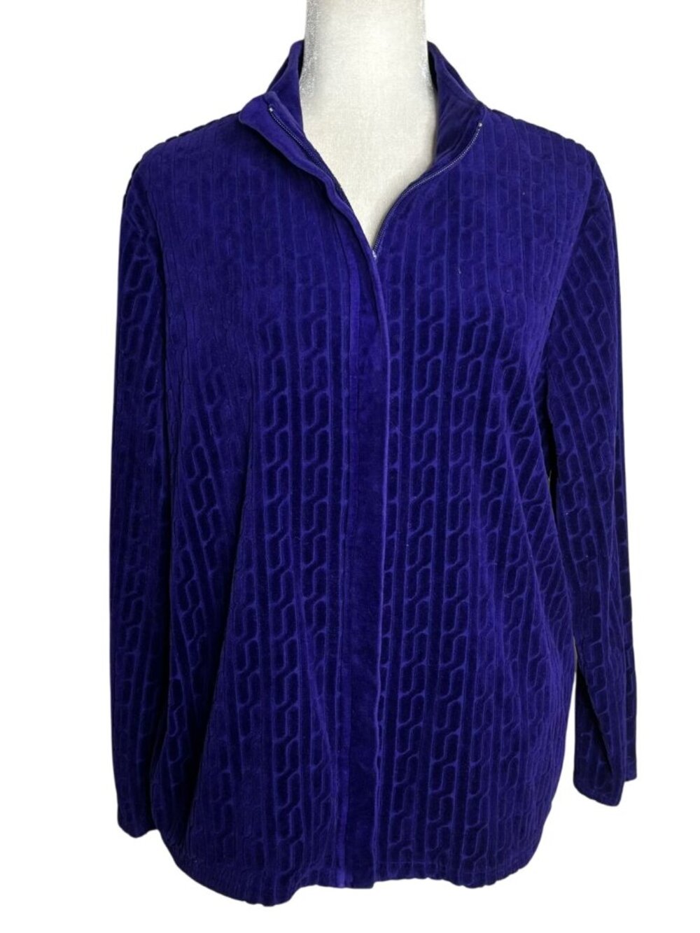 Coldwater Creek Velour Zip Up Jacket XL Purple Blue Textured Pattern Pockets